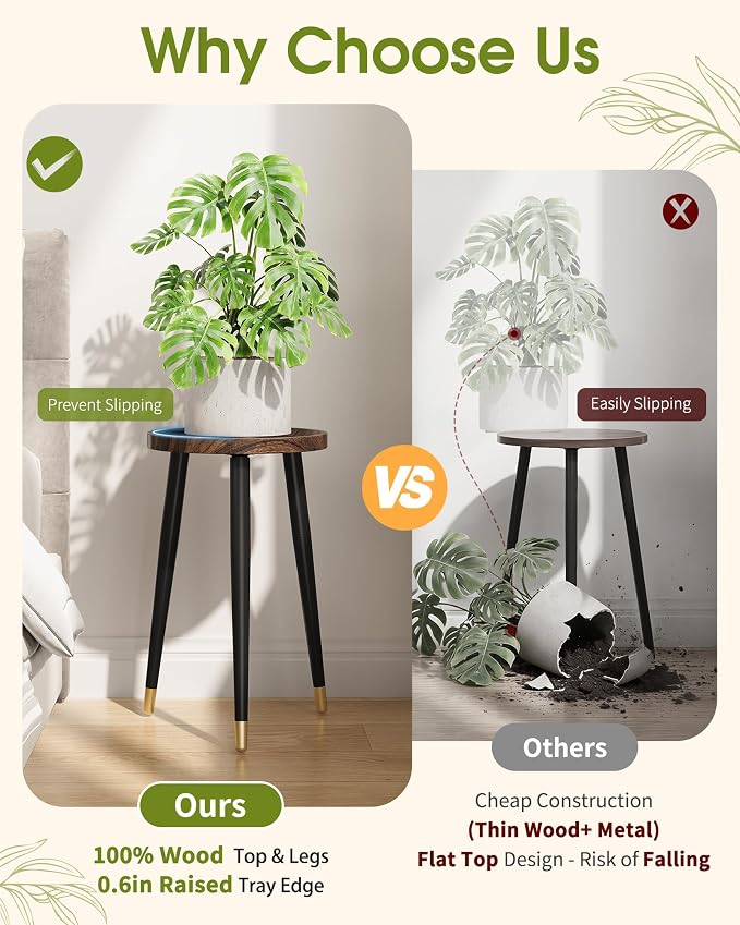 Plant Stand Indoor, Wood Mid Century Indoor Plant Stand, Tall Plant Stands for Flower Pot, Modern Round Plant Table, Small Side End Table with Raised Design, 1 Pack, Walnut, 11.7''x18.8''