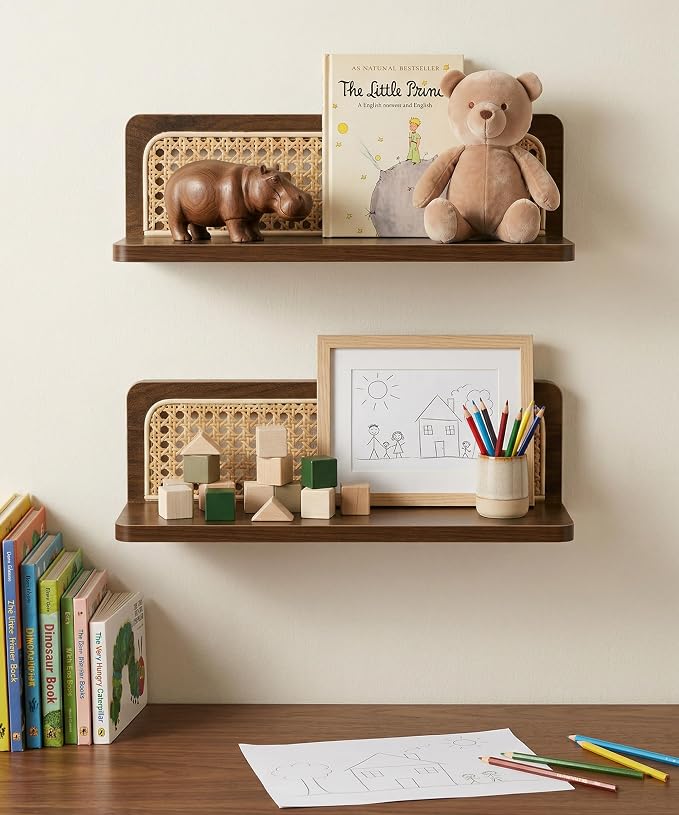 Rattan Wall Shelf Mid Century Modern Decor Floating Shelves Walnut Boho Wall Decor Decorative Shelving Home Decor Living Room Bedroom Coffee Bar Bathroom Plant Photo 16inch