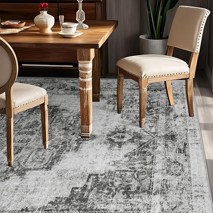 Area Rug 6x9 Vintage Rugs: Washable Indoor Medallion Rug Low Pile Distressed Floor Carpet Retro Accent Rugs for Living Room Bedroom Kitchen Dining Table Home Office(Black, 6'x9')