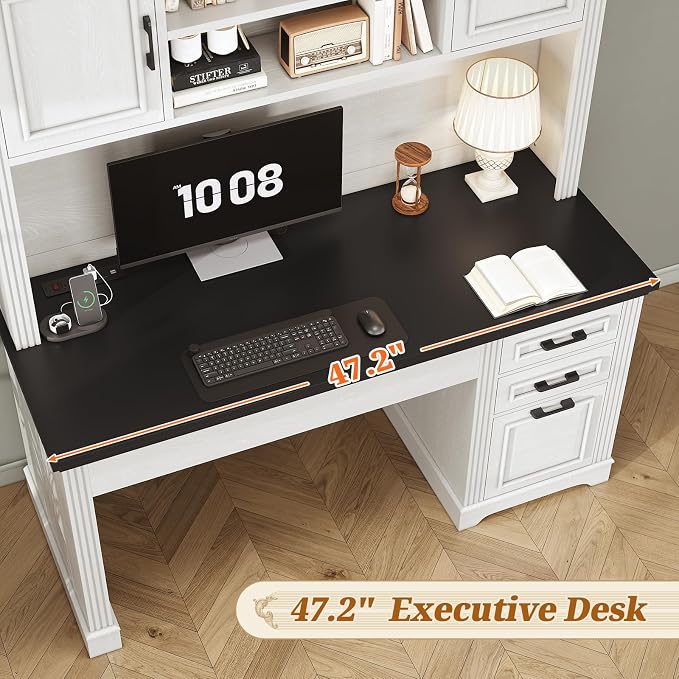 SEDETA Farmhouse Computer Desk with Hutch and 3 Drawers, 47.2" Executive Office Desk with Storage Drawers, Wood Desk with Power Outlet for Home Office, White