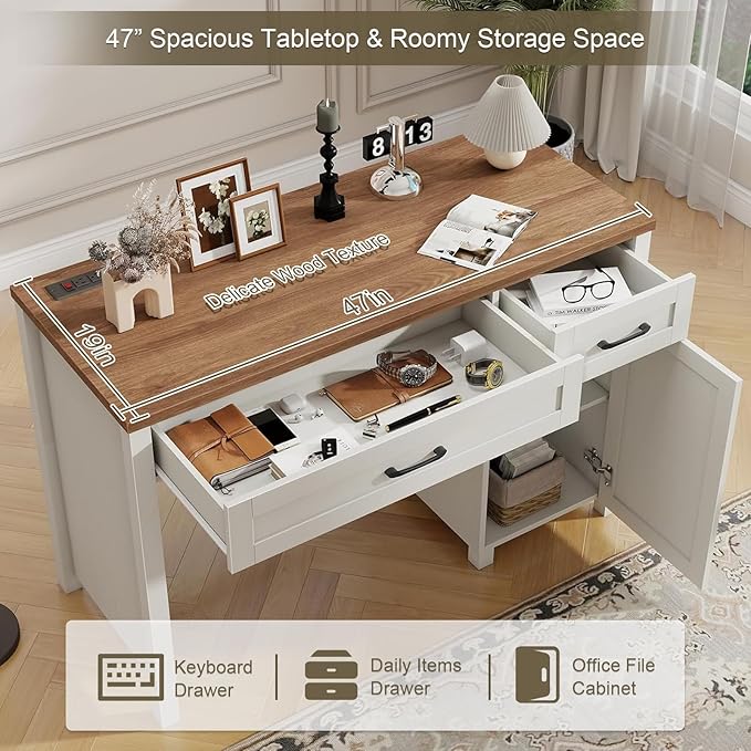 Vabches Farmhouse 47" Executive Desk, Computer Desk with Drawers and Storage Cabinet, Workstation Computer Desk for Home Office and Study.(Unique White)