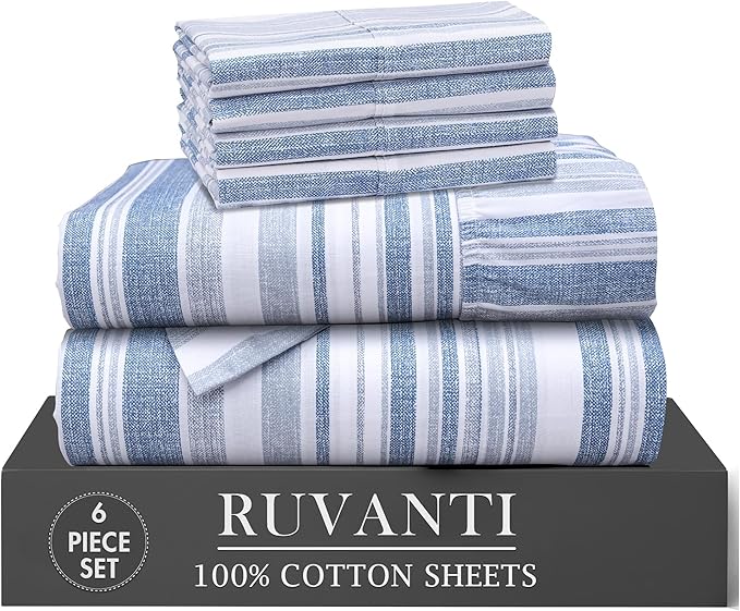 RUVANTI 100% Cotton Percale Sheets California King Size 6 Piece Set, Cooling Bed Sheets for Hot Sleepers, Deep Pocket 14”, Breathable Lightweight & Durable, Crisp Hotel Style Sheets, Naval Blue