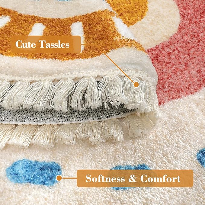 Lukinbox Boho Bathroom Rugs -2Ft Washable Round Area Rug, Soft Circle Bedroom Rug with Fringes, Small Colorful Non-Slip Sun Circular Rainbow Throw Rugs for Kids Room Chair Sofa Entryway