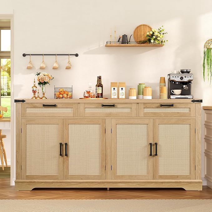 usikey Large Sideboard Buffet Cabinet with 4 Doors and 3 Drawers, Farmhouse Buffet Table, Dining Room Storage Cabinet for Kitchen or Living Room, Natural