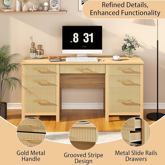 Modern Executive Desk with Drawers: 60" Oak Home Office Desks with File Drawers, Wood Fluted Computer Writing Desk for Work, Study, and Living Room (60")