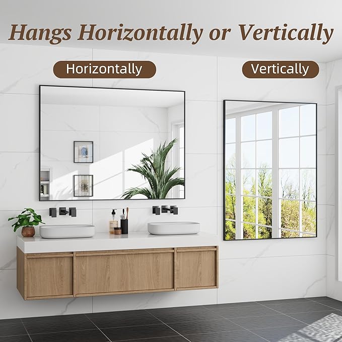 Bathroom Mirror 40" x 36", Large Rectangle Wall Mirror, Black Metal Frame Wall Mounted Mirrors for Bathroom, Vanity, Bedroom, Entryway Decor(Horizontal/Vertical)