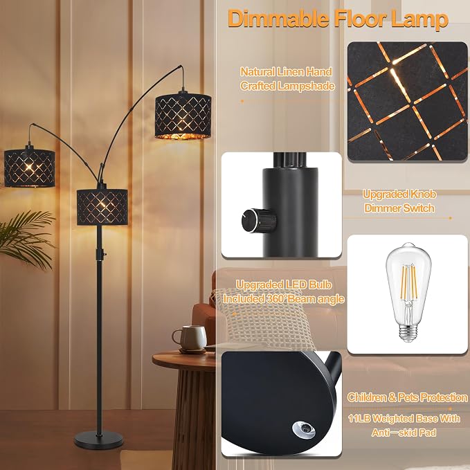 AHDWDW Dimmable Floor Lamp-3 Lights Arc Floor Lamps for Living Room,Modern Tall Standing Lamp with Black Drum Shades,Gothic Mid Century Tree Floor Lamp for Bedroom Corner,3x1000LM LED Bulbs Included
