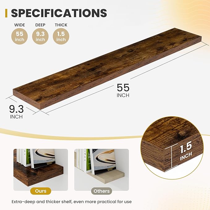 55 Inch Floating Shelves, 9.3" Deep Floating Shelf Wall Mounted, 56" Wall Shelves, Rustic Deep Bookshelf, Large Display Shelves & Storage Shelves for Bedroom, Living Room, Brown, Set of 2
