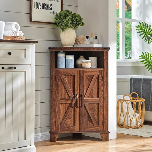 ACCOHOHO Corner Bathroom Cabinet, Farmhouse Small Cabinet with Barn Door & Adjustable Shelf, Storage Cabinets for Bathroom, Kitchen & Living Room, Brown
