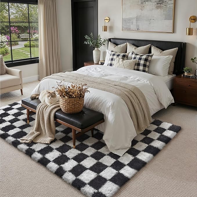 Checkered Rug 5x7 for Living Room, Black and White Modern Shag Rug Super Soft Washable Indoor Fuzzy Carpet Non-Slip Fluffy Rugs for Bedroom Home Aesthetic Decor