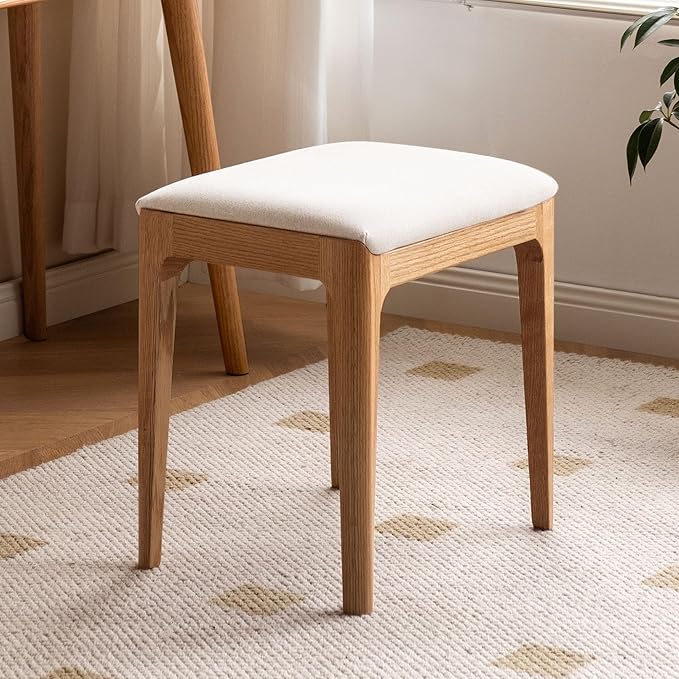 Vanity Stool, Ash Wood Vanity Chair, Wooden Chair for Vanity with Upholstered Cushions for Living Room, Bedroom
