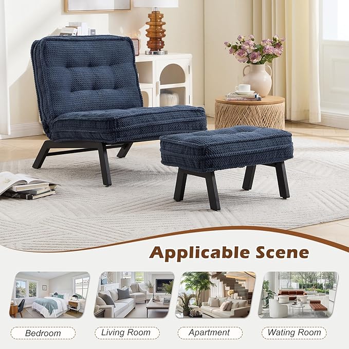 ANJ Accent Chair with Ottoman Adjustable Backrest, Blue Living Room Chair Tufted Upholstered Lounge Chair with Footrest Set, Modern Chair Cozy Reclining Chair for Reading Room Bedroom