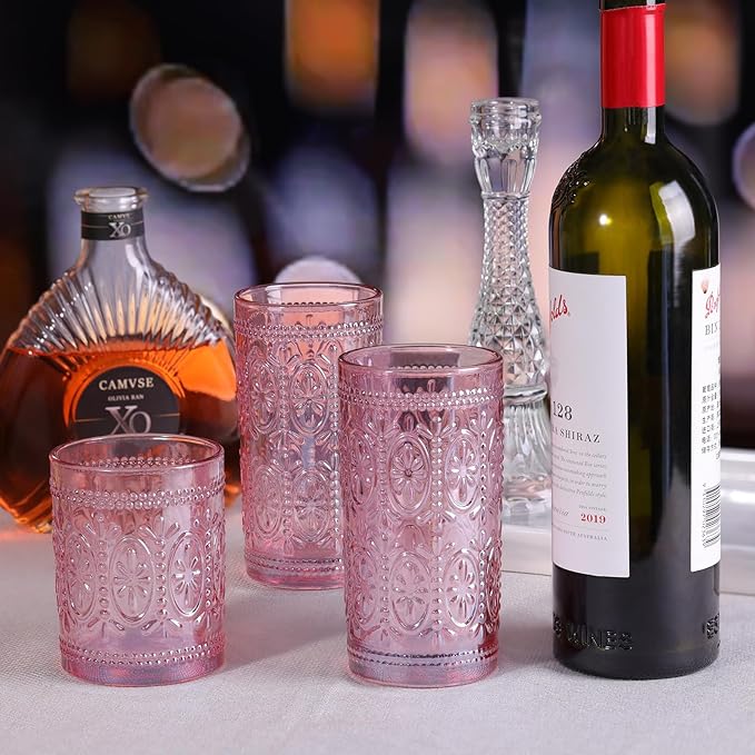 Drinking Highball Beverage Glass Cup, Vintage Drinking Glasses, Colored Glassware Set for Party Wedding Home Office Gift, Set of 4 ,Pink