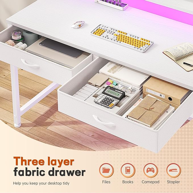 DurayLoly Computer Desk with 2 Drawers & LED Lights,39.4 Inch Home Office Desks with Side Pocket and Monitor Stand,Study Writing Table for Small Spaces,White