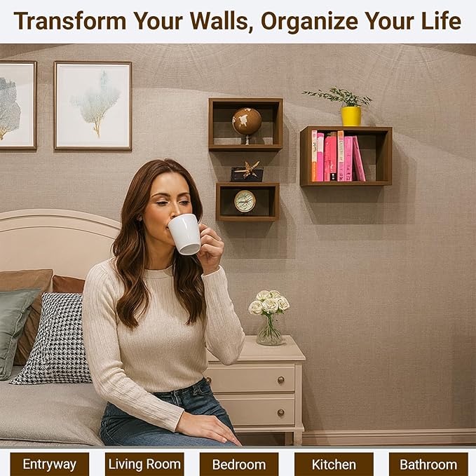 Premium Black Walnut Floating Cube Shelves, Eco-Friendly Wood Box-Style Wall Storage Display Set of 3 — Pre-Assembled, Ready to Use, Modern Decorative Wall Shelf Units for Living Room, Bedroom &Office