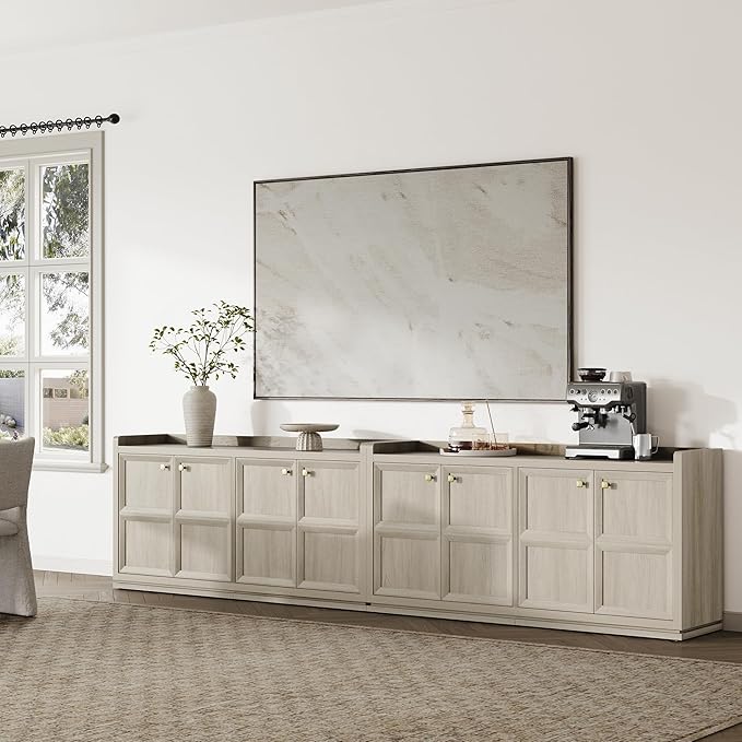 SICOTAS 4-Door Buffet Cabinet - 123" Extra Long Sideboard with 4 Separate Bays & Adjustable Shelves, Modern Credenza Storage Cabinet with Gold Handles for Kitchen Living Room, Grey White Oak, 2 PCS