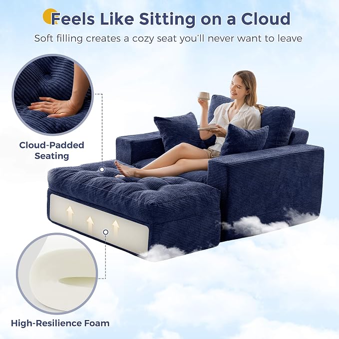 MAXYOYO Oversized Chaise Lounge Sofa, Upholstered Lounge Chair with 3 Pillows, Tufted Boneless Sofa Couch with Ottoman, Deep Seat Chair for Living Room, No Assembly, Navy