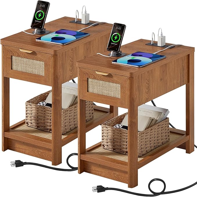 Lerliuo Narrow Night Stand Set of 2 with Charging Station, Boho Nightstand with Drawer, Bed Side End Table with Rattan Shelf for Small Spaces, Wood Nightstands Bedside Tables for Living Room Bedroom