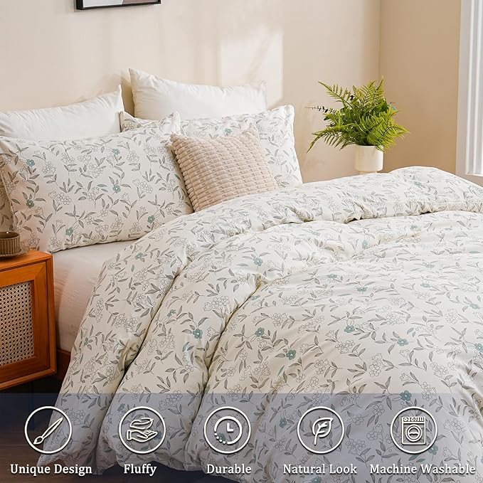100% Cotton Floral Duvet Cover Set King Size Ultra Soft Breathable Blue Floral Grey Leaves Bedding Set for Women with Zipper Closure 3 Pcs Chic Reversible Duvet Cover for All Season