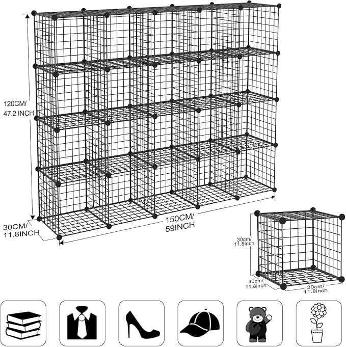 Wire Storage Cubes, Metal Storage Shelves Bookshelf, Stackable Modular Closet Organizer for Bedroom Living Room, Office, Black (20-Cube, Iron)