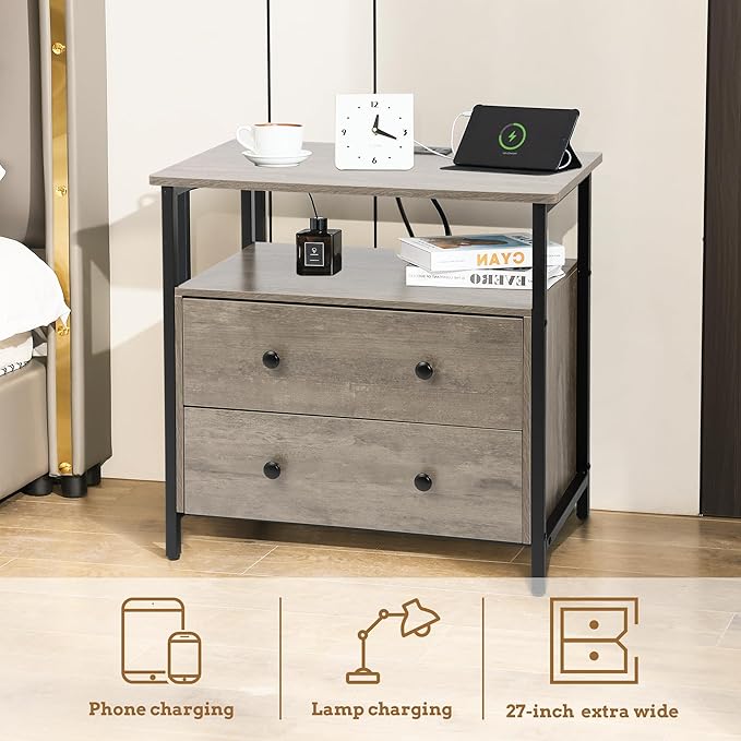 27 inch Wide Night Stand Set 2 with Charging Station, Bedside Table with Open Shelf, 2 Drawers Small Wood Dresser, Modern Wood Nightstand for Bedroom/Living Room (Rustic Gray)