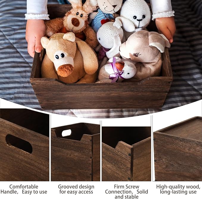 Colingmill 2 Pack Wooden Storage Box Bins Wood Crate with Open Front Stackable Cube Storage Organizer Bins for Books Records Home Pantry Clothes Toy Closet (11 Inch,Brown)