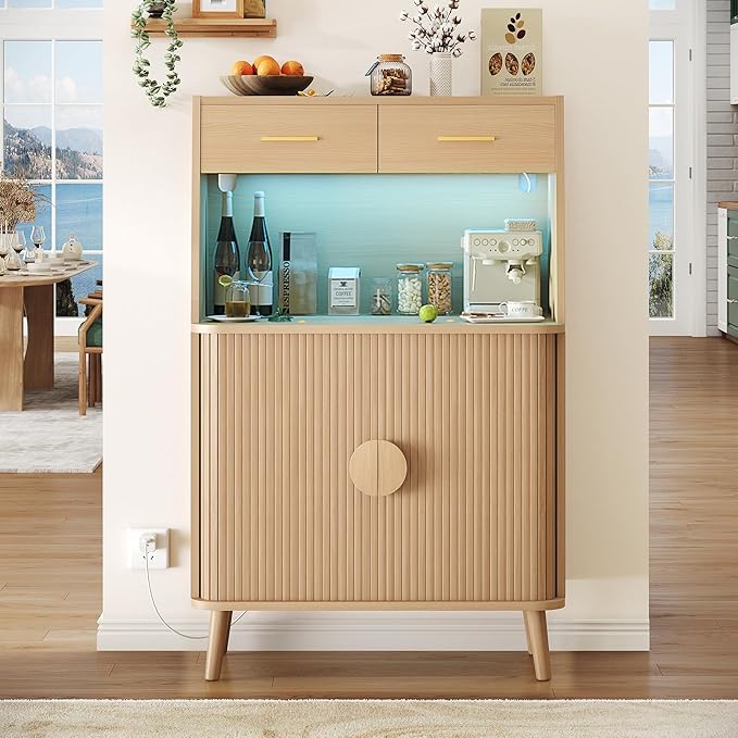Decofy 47.2" Sideboard Buffet Cabinet with LED Light & Sliding Door, Modern Storage Cabinet with Adjustable Shelf &2 Drawers, Coffee Bar for Kitchen, Entryway(Oak)