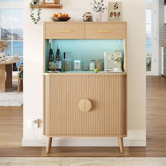 Decofy 47.2" Sideboard Buffet Cabinet with LED Light & Sliding Door, Modern Storage Cabinet with Adjustable Shelf &2 Drawers, Coffee Bar for Kitchen, Entryway(Oak)