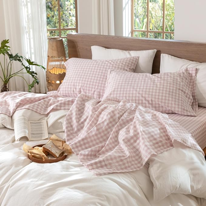 MooMee Gingham Sheet Set 100% Washed Cotton Linen Like Textured Breathable Soft w/Fully Elasticized 16-19" Deep Pocket (Classic Gingham Greyish Pink, Queen)