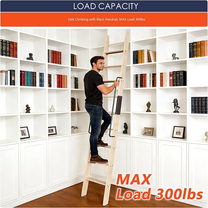 120in Knotty Pine Wood Library Ladder with Black Handrail – 300 lbs Capacity, Unfinished for Painting or Staining