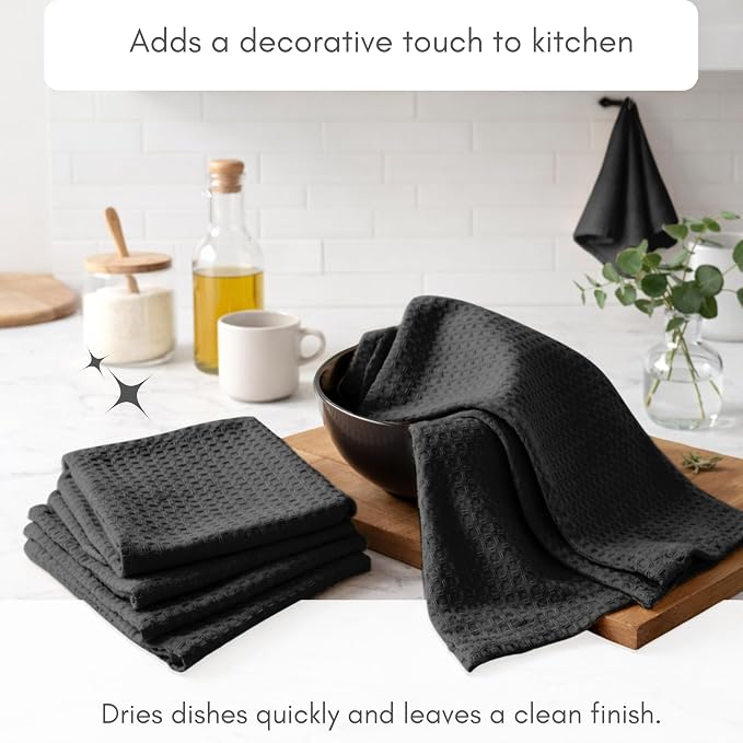 TWINY threads Waffle Kitchen Towel 4 Pack, 16x26 Inches, Premium 100% Cotton Dish Cloths Set with Hanging Loop, Absorbent, Quick Drying Cloths for Drying Dishes, Machine Washable, Black