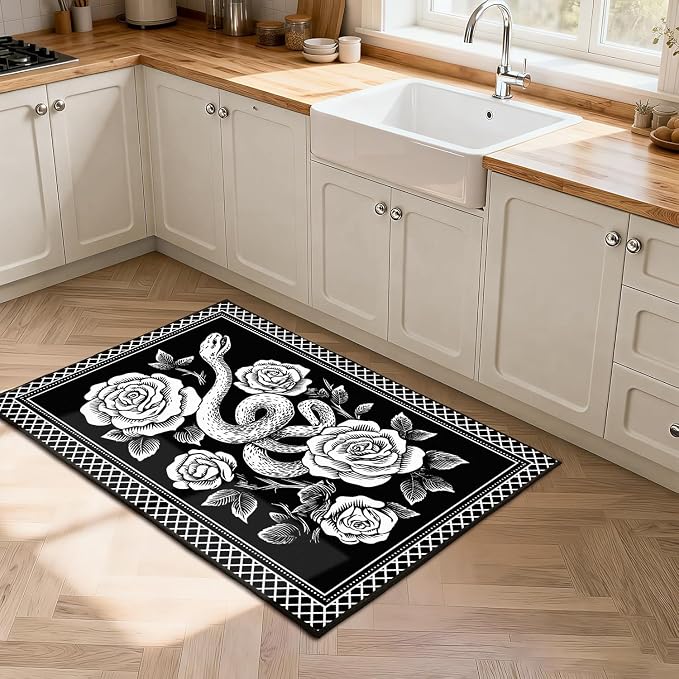 2'x3' Gothic Snake and Rose Area Rug Black and White Floral Vine Floor Mat Retro Boho Carpet Washable Low Pile Indoor Rugs for Entryway Bedroom Living Room Kitchen Home Decor