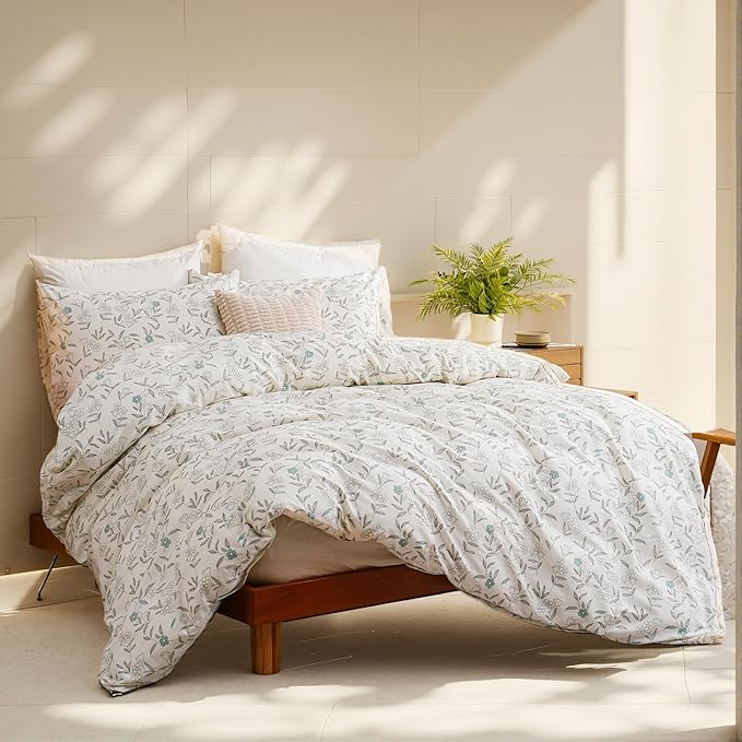 100% Cotton Floral Duvet Cover Set Queen Size Ultra Soft Breathable Blue Floral Grey Leaves Bedding Set for Women with Zipper Closure 3 Pcs Chic Reversible Duvet Cover for All Season