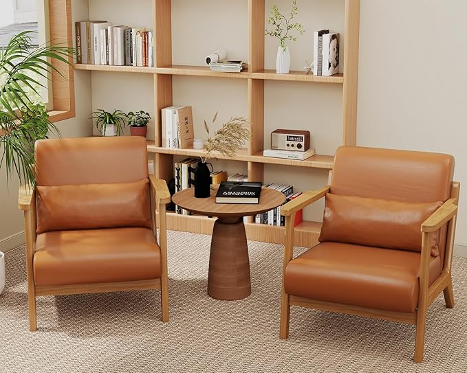 Accent Chair and Ottoman Set, Mid-Century Modern Faux Leather Armchair with Solid Wood Frame for Living Room, Bedroom, Balcony, Brown