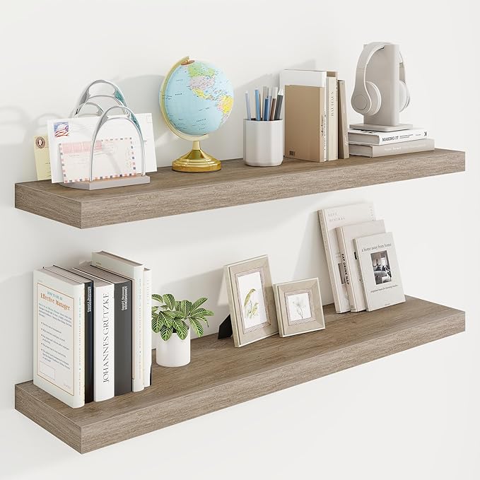 40in Floating Shelves for Wall, 40"W x 9.25"D x 1.25"H, 2 Pack Long Wall Mounted Engineered Wood Shelves with Invisible Brackets for Living Room, Bedroom, Bathroom, Kitchen Decor and Storage, Grey