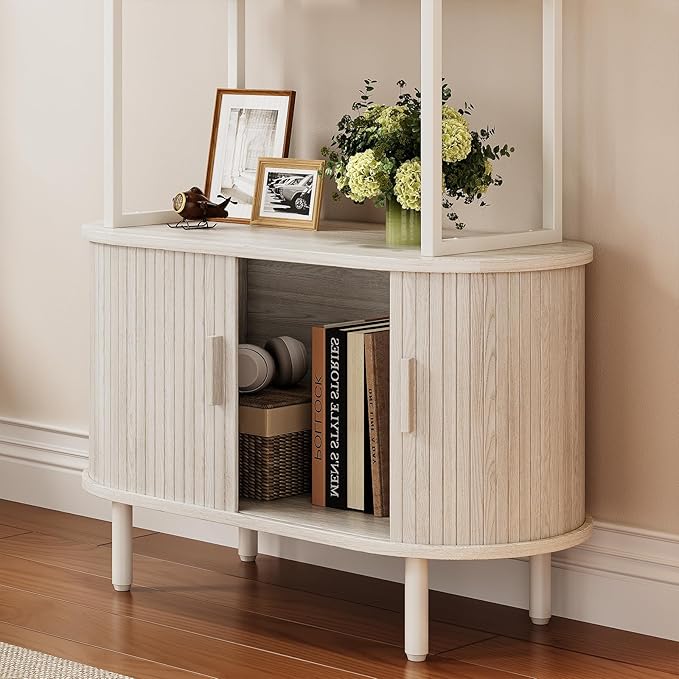 4 Tier Tall Bookshelf with Cabinet, Fluted Bookcase with Sliding Door, Metal and Wood Display Shelf, Free Standing Storage Shelving Unit, Corner Storage Organizer for Living Room, Home Office, White