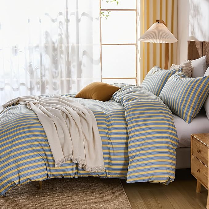 Merryword 100% Cotton Duvet Cover Set King Size, Blue & Yellow Striped Bedding Set with Zipper Closure and 8 Corner Ties, Modern Coastal Style Comforter Cover Set 3 Pieces