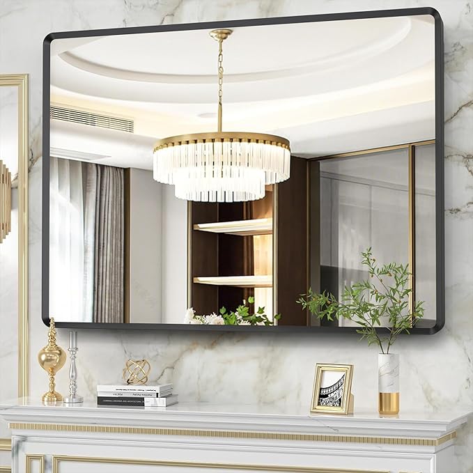48x36 inch Black Bathroom Vanity Mirror, Large Rectangle Metal Aluminum Frame, Shatter-Proof, Horizontal or Vertical Hanging, Modern Bathroom Decor