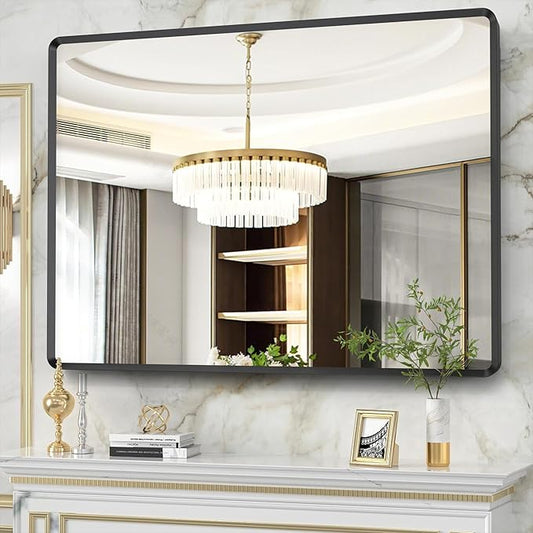 48x36 inch Black Bathroom Vanity Mirror, Large Rectangle Metal Aluminum Frame, Shatter-Proof, Horizontal or Vertical Hanging, Modern Bathroom Decor