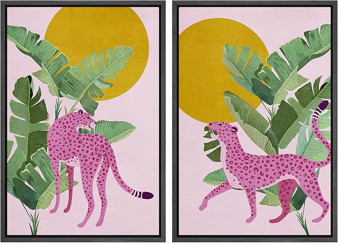 IDEA4WALL Framed Canvas Print Wall Art Set Tropical Jungle Banana Leaf Pink Cheetah Cat Nature Wilderness Digital Art Modern Art Decorative Animal for Living Room, Bedroom, Office - 24"x36"x2 Black