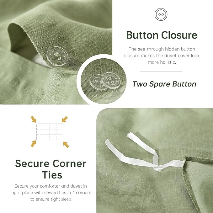 Simple&Opulence 100% Linen Duvet Cover Set 2pcs Natural French Basic Style Washed Flax Solid Color Breathable Soft Farmhouse Bedding with Button Closure (Sage Green, Twin)