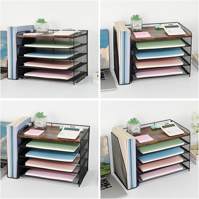 OPNICE Desk Organizer, 5-Tier Paper Organizer Letter Tray with Magazine Holder, Office Desk Accessories & Workspace Organizers, Desktop File Organizer for Office Supplies Storage, Wood