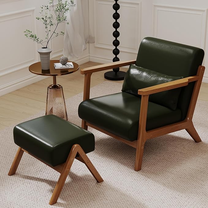 Accent Chair and Ottoman Set, Mid-Century Modern Faux Leather Upholstered Lounge Armchair with Pillow, Solid Wood Frame & Comfortable Cushion for Living Room, Bedroom, Balcony, Green