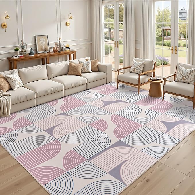 Living Room Rugs 4x6, Washable Modern Geometric Mid Century Rug for Bedroom, Soft Non-Slip Indoor Floor Boho Abstract Carpet for Dining Room Nursery Home, Pink/Purple