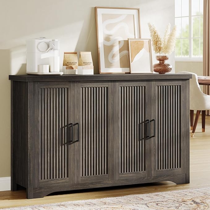 Fluted Buffet Cabinet with Storage Accent Sideboard,Modern Credenza with 4 Doors & Adjustable Shelves,Wood Coffee Bar Table Console for Dining Room Kitchen Living Room Entryway,Gray