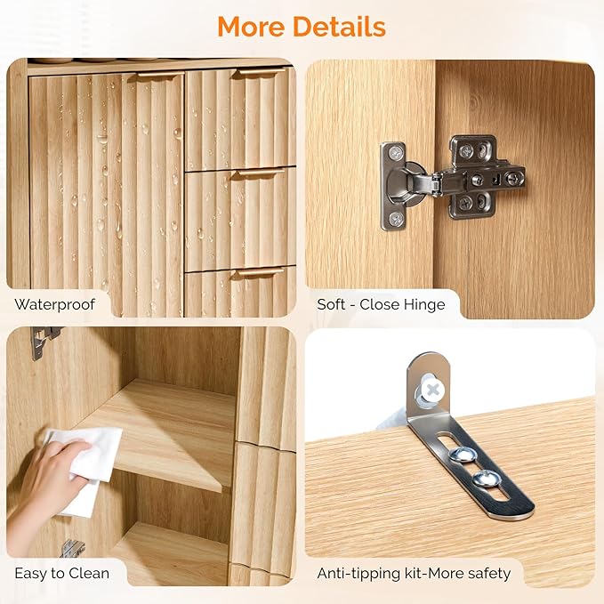 VINGLI Fluted Bathroom Floor Storage Cabinet with Fluted Door 3 Drawers,Modern 12 Inch Deep Short Bathroom Storage Cabinet Organizer Free-Standing for Small Space w/Adjustable Shelf,Natural Oak Color