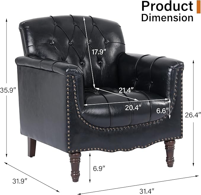 Faux Leather Club Chairs Set of 2, Retro Upholstered Armchair Accent Chair with Solid Wood Legs & Nailhead Trim for Living Room/Reading Room, Black