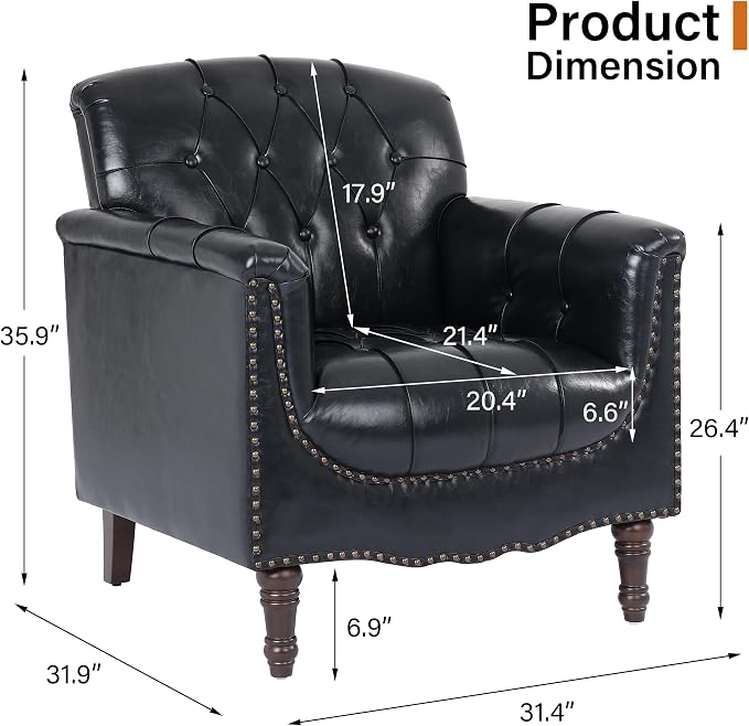 Faux Leather Club Chair, Retro Upholstered Armchair Accent Chair with Solid Wood Legs & Nailhead Trim for Living Room, Bedroom, Reading Room, Black