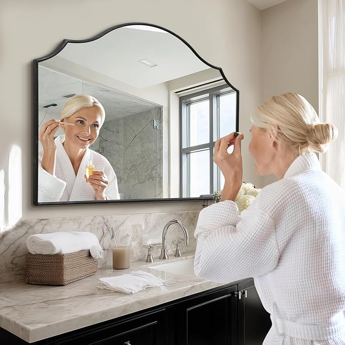 Besdomus Black Scalloped Wall Mirror: 40"x29" Large Modern Wooden Arched Dresser Mirror - Minimalist Fireplace Decorative for Bathroom/Bedroom/Mantel/Vanity/Entryway/Living Room - Stylish Home Decor