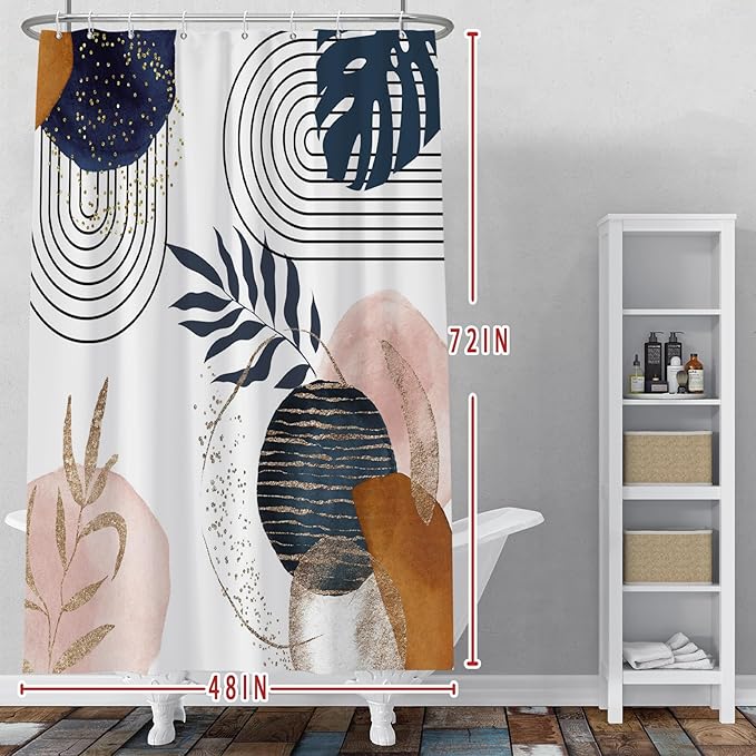 Baocicco Boho Shower Curtain Mid Century Navy Blue Gold Plant Leaves Modern Abstract Minimalist Shower Curtains Decorative for Bathroom Waterproof Fabric Shower Curtain with Hooks 48x72 Inches